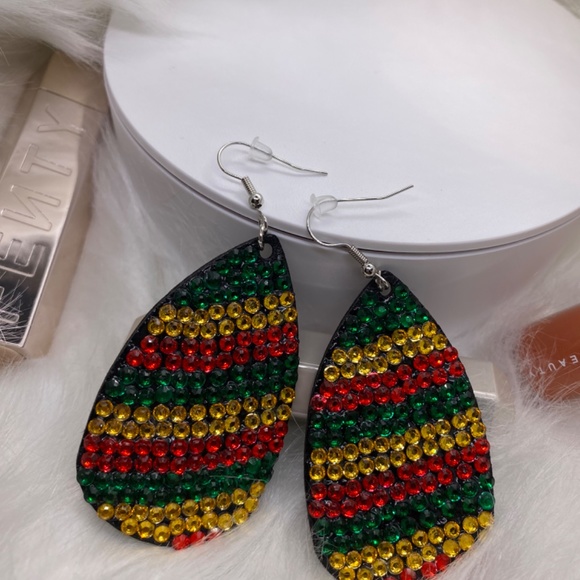 Faux Leather Earrings Covered in Rhinestones. Teardrop Earrings. Handmade - Picture 7 of 8